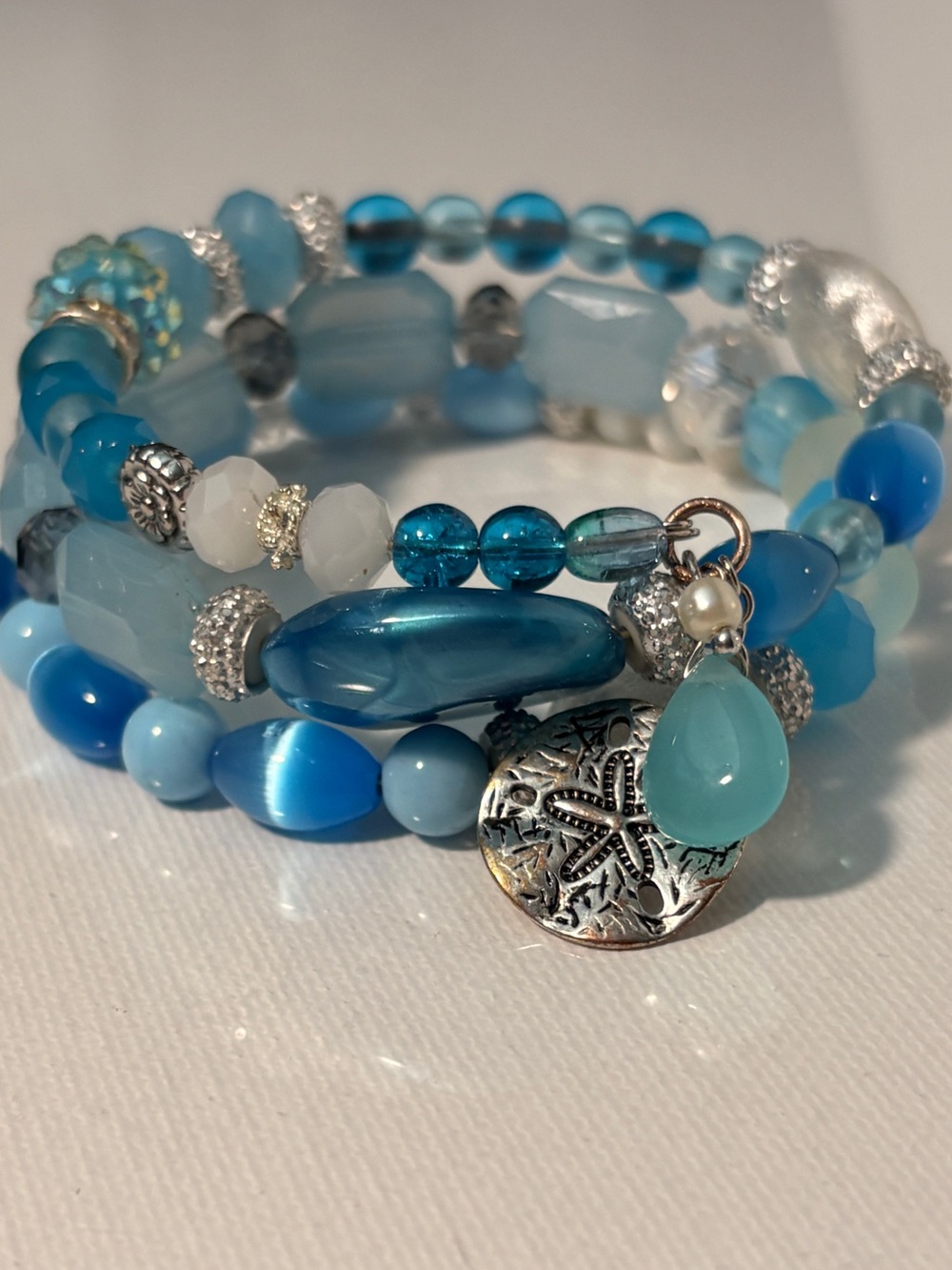 HANDCRAFTED WRAP BEAD BRACELET Memory Wire Blue Boho Chic Coastal Ocean Inspired